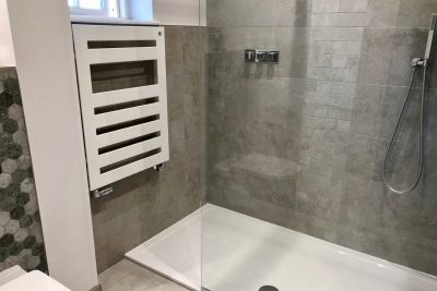 Walk in shower with glass screen